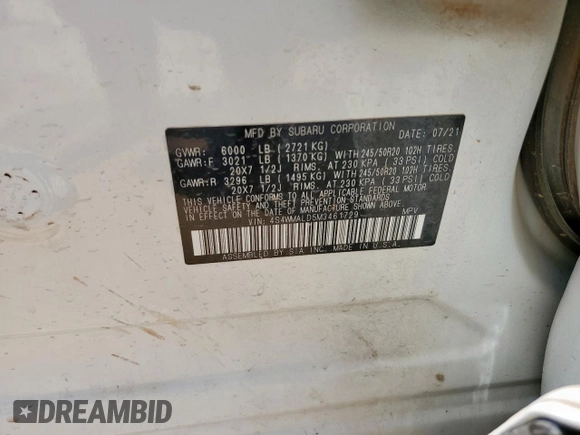 2021 Subaru Ascent Limited with VIN 4S4WMALD5M3461729, listed as a Copart auction lot 60438715 with 69,577 mi miles and Clean title. Bid and sale history available at DreamBid. Image 13.