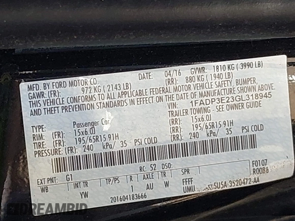 2016 Ford Focus S with VIN 1FADP3E23GL318945, listed as a IAAI auction lot 41640736 with 193,209 mi miles and . Bid and sale history available at carsss.com. Image 9.