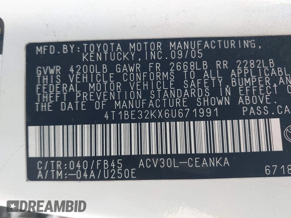 2006 Toyota Camry STD z VIN 4T1BE32KX6U671991, wystawiony jako IAAI lot #42348331 z przebiegiem 178 130 mil mil oraz . Historia ofert i sprzedaży dostępna na DreamBid. Obrazek 9.