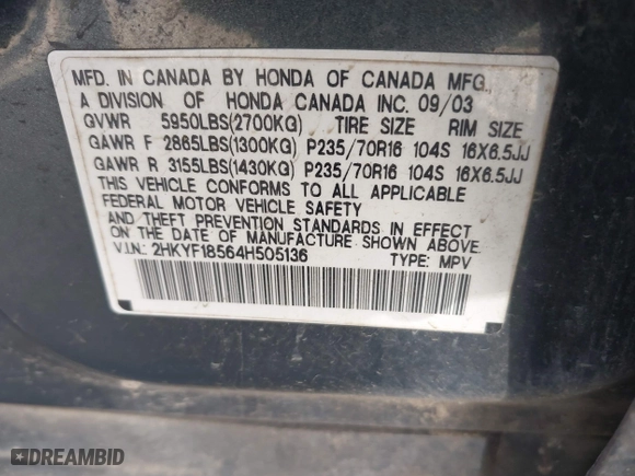 2004 Honda Pilot EX with VIN 2HKYF18564H505136, listed as a IAAI auction lot 42101753 with 236,696 mi miles. Bid and sale history available at carsss.com. Image 9.