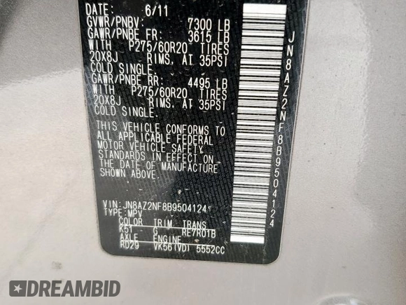 2011 Infiniti QX56 7-passenger with VIN JN8AZ2NF8B9504124, listed as a Copart auction lot 54612735 with 220,399 mi miles and Clean Title. Bid and sale history available at DreamBid. Image 13.