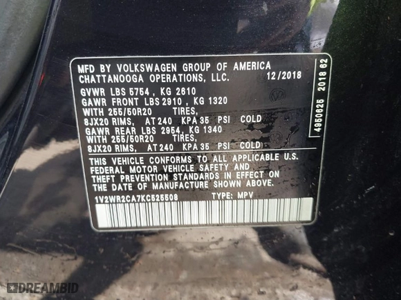 2019 Volkswagen Atlas 3.6L V6 SE w/Technology with VIN 1V2WR2CA7KC525508, listed as a IAAI auction lot 41876463 with 80,467 mi miles. Bid and sale history available at carsss.com. Image 9.