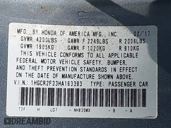 2017 Honda Accord LX with VIN 1HGCR2F33HA163393, listed as a IAAI auction lot 41910028 with 99,282 mi miles. Bid and sale history available at carsss.com. Image 9.