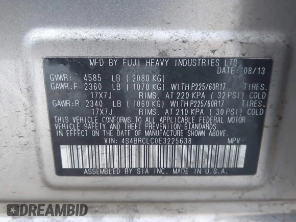 2014 Subaru Outback Limited with VIN 4S4BRCLC0E3225638, listed as a IAAI auction lot 41897375 with 118,155 mi miles and . Bid and sale history available at DreamBid. Image 9.