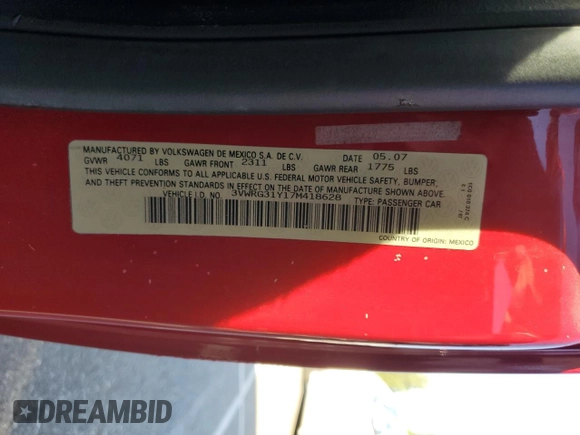 2007 Volkswagen Beetle with VIN 3VWRG31Y17M418628, listed as a Copart auction lot 81357264 with 154,808 mi miles and Salvage title. Bid and sale history available at DreamBid. Image 12.
