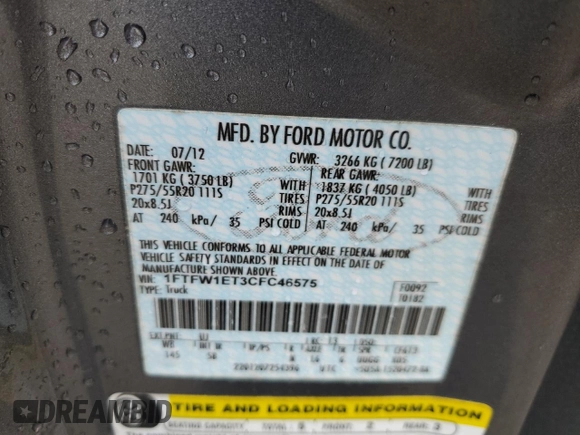 2012 Ford F-150 XL with VIN 1FTFW1ET3CFC46575, listed as a Copart auction lot 58613805 with 141,694 mi miles and Clean title. Bid and sale history available at DreamBid. Image 12.