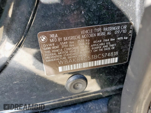 2011 BMW 7 Series 740Li с VIN WBAKB4C53BC574818, выставлен на аукционе Copart как лот 46913705 с пробегом 105 665 миль миль и Чистый • Clean title. История ставок и продаж доступна на DreamBid. Изображение 12.