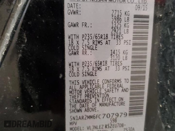 2015 Nissan Pathfinder SV with VIN 5N1AR2MM6FC707979, listed as a Copart auction lot 57514915 with 196,100 mi miles and Salvage title. Bid and sale history available at DreamBid. Image 13.