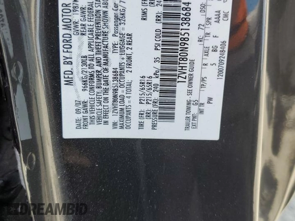 2008 Ford Mustang Deluxe with VIN 1ZVHT80N985138684, listed as a Copart auction lot 66026785 with 174,261 mi miles and Salvage title. Bid and sale history available at DreamBid. Image 12.