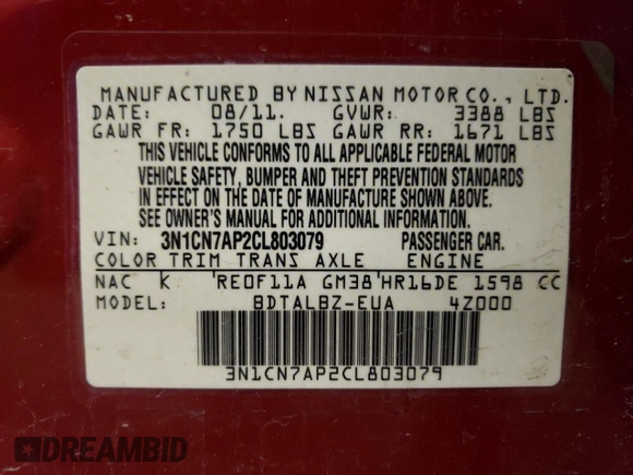 2012 Nissan Versa SV with VIN 3N1CN7AP2CL803079, listed as a Copart auction lot 50650645 with 132,842 mi miles and Salvage Title. Bid and sale history available at carsss.com. Image 15.