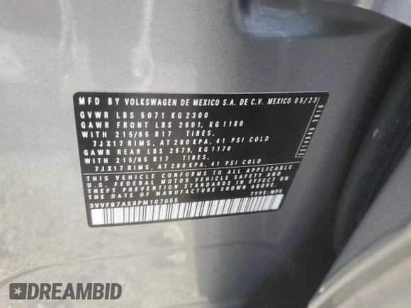 2023 Volkswagen Tiguan S с VIN 3VVFB7AX8PM107055, выставлен на аукционе Copart как лот 86706164 с пробегом 13 194 миль миль и Списание • Salvage title. История ставок и продаж доступна на DreamBid. Изображение 13.