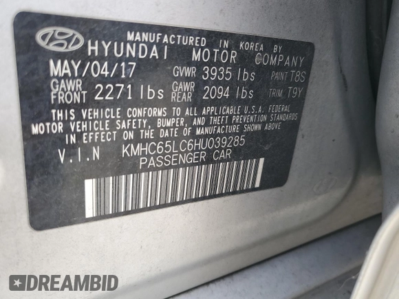 2017 Hyundai Ioniq Blue with VIN KMHC65LC6HU039285, listed as a Copart auction lot 54718645 with Not Provided miles and Clean Title. Bid and sale history available at DreamBid. Image 12.