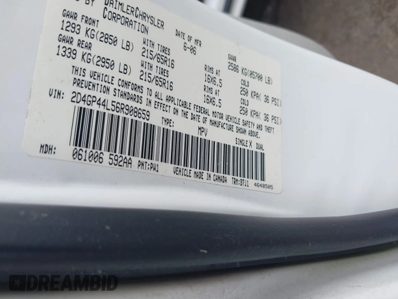 2006 Dodge Grand Caravan SXT z VIN 2D4GP44L56R908659, wystawiony jako IAAI lot #42382993 z przebiegiem 141 088 mil mil oraz . Historia ofert i sprzedaży dostępna na DreamBid. Obrazek 9.