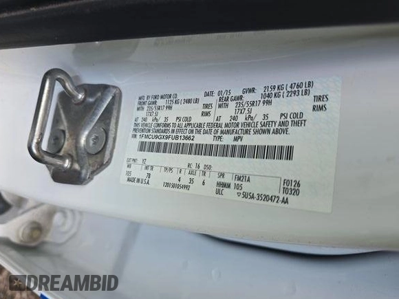 2015 Ford Escape SE with VIN 1FMCU9GX9FUB13662, listed as a IAAI auction lot 42279727 with 73,742 mi miles and . Bid and sale history available at DreamBid. Image 6.