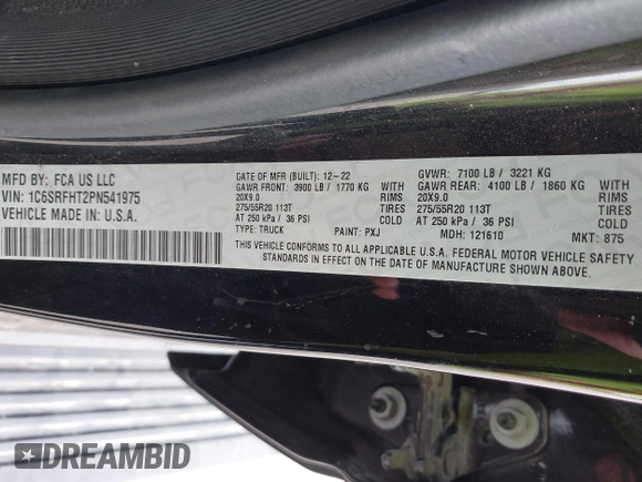 2023 Ram 1500 Limited with VIN 1C6SRFHT2PN541975, listed as a IAAI auction lot 41930788 with Not provided miles and . Bid and sale history available at DreamBid. Image 9.