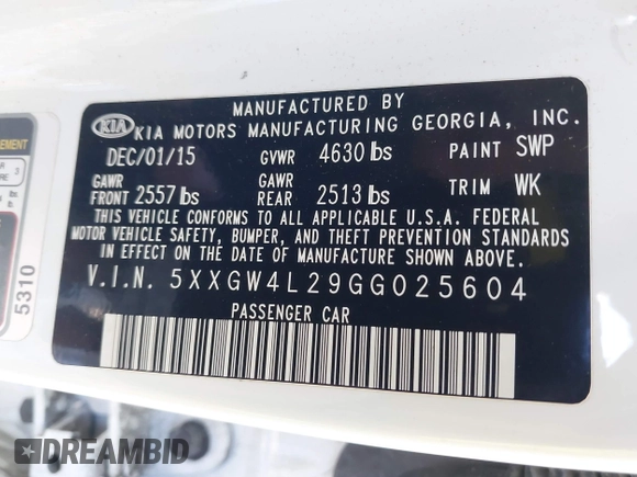 2016 Kia Optima SX Turbo with VIN 5XXGW4L29GG025604, listed as a IAAI auction lot 41687483 with 112,853 mi miles and . Bid and sale history available at carsss.com. Image 9.