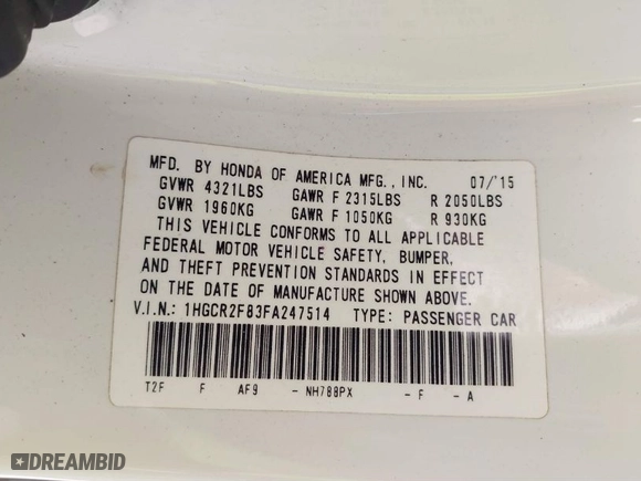 2015 Honda Accord Sedan EX-L with VIN 1HGCR2F83FA247514, listed as a IAAI auction lot 41832526 with 163,921 mi miles. Bid and sale history available at carsss.com. Image 9.