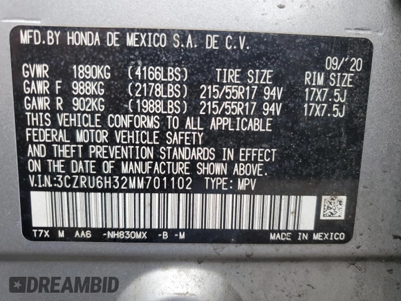 2021 Honda HR-V LX with VIN 3CZRU6H32MM701102, listed as a Copart auction lot 63215115 with 82,333 mi miles and Salvage title. Bid and sale history available at DreamBid. Image 12.