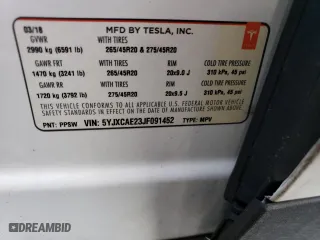 2018 Tesla Model X 75D with VIN 5YJXCAE23JF091452, listed as a Copart auction lot 43819833 with 57,592 mi miles. Bid and sale history available at carsss.com. Image 14.