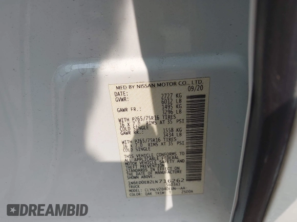 2020 Nissan Frontier SV with VIN 1N6ED0EB2LN716262, listed as a IAAI auction lot 42392068 with 33,385 mi miles and . Bid and sale history available at DreamBid. Image 9.
