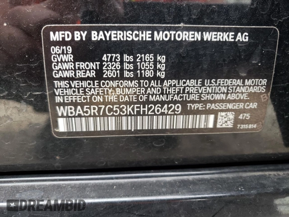 2019 BMW 3 Series 330i xDrive with VIN WBA5R7C53KFH26429, listed as a Copart auction lot 48379825 with 52,536 mi miles and Salvage title. Bid and sale history available at DreamBid. Image 14.