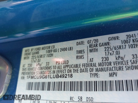 2020 Ford Escape SE with VIN 1FMCU9G61LUB49218, listed as a IAAI auction lot 42206313 with 47,408 mi miles and . Bid and sale history available at DreamBid. Image 9.