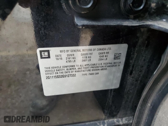 2016 Chevrolet Impala LT with VIN 2G1115S32G9127332, listed as a Copart auction lot 43801375 with 124,759 mi miles and Salvage Title. Bid and sale history available at DreamBid. Image 12.