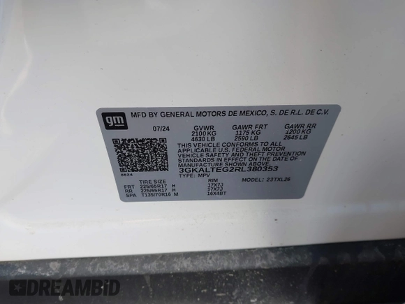 2024 GMC Terrain SLE with VIN 3GKALTEG2RL380353, listed as a IAAI auction lot 41497590 with 7,200 mi miles and . Bid and sale history available at DreamBid. Image 9.