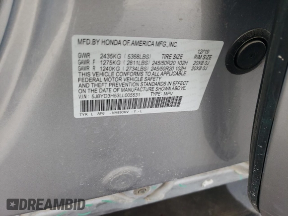 2020 Acura MDX w/Technology Pkg with VIN 5J8YD3H53LL005531, listed as a Copart auction lot 43016365 with 22,524 mi miles and Salvage Title. Bid and sale history available at carsss.com. Image 13.
