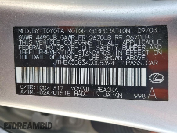 2004 Lexus ES 350 with VIN JTHBA30G340005394, listed as a Copart auction lot 53360095 with 174,664 mi miles and Salvage Title. Bid and sale history available at DreamBid. Image 12.