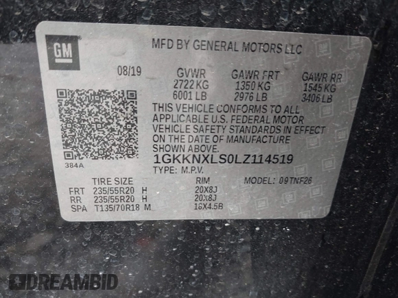 2020 GMC Acadia Denali with VIN 1GKKNXLS0LZ114519, listed as a IAAI auction lot 41650447 with 91,983 mi miles. Bid and sale history available at carsss.com. Image 9.