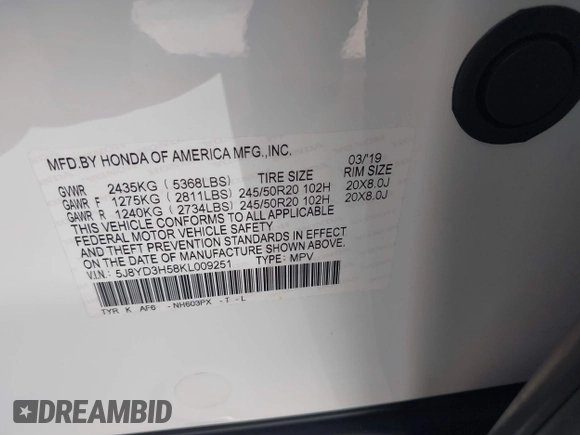 2019 Acura MDX w/Technology Pkg with VIN 5J8YD3H58KL009251, listed as a IAAI auction lot 41770589 with 19,693 mi miles. Bid and sale history available at carsss.com. Image 9.