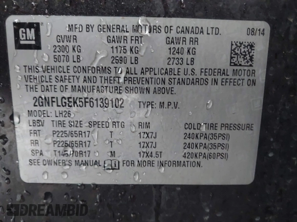 2015 Chevrolet Equinox LT with VIN 2GNFLGEK5F6139102, listed as a IAAI auction lot 41843464 with 129,845 mi miles. Bid and sale history available at carsss.com. Image 9.