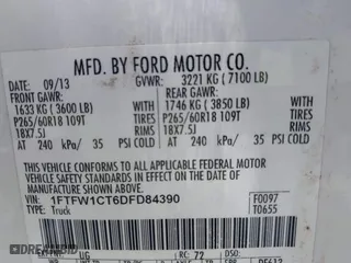 2013 Ford F-150 XL with VIN 1FTFW1CT6DFD84390, listed as a IAAI auction lot 40905064 with 1 mi miles. Bid and sale history available at carsss.com. Image 9.