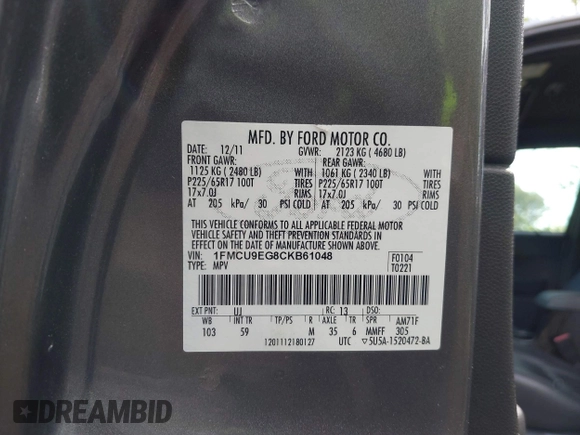2012 Ford Escape Limited with VIN 1FMCU9EG8CKB61048, listed as a IAAI auction lot 42105444 with 159,530 mi miles and . Bid and sale history available at DreamBid. Image 9.