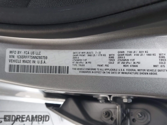 2022 Ram 1500 Big Horn with VIN 1C6SRFFT5NN280759, listed as a IAAI auction lot 42032376 with 25,486 mi miles and . Bid and sale history available at DreamBid. Image 9.