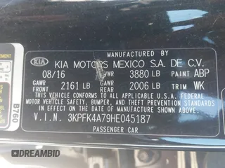 2017 Kia Forte LX with VIN 3KPFK4A79HE045187, listed as a IAAI auction lot 41428484 with 87,938 mi miles. Bid and sale history available at carsss.com. Image 9.