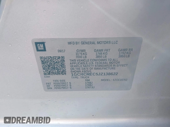 2018 Chevrolet Silverado 1500 LT with VIN 1GCRCREC5JZ138622, listed as a IAAI auction lot 41631828 with Not Provided miles and . Bid and sale history available at DreamBid. Image 9.