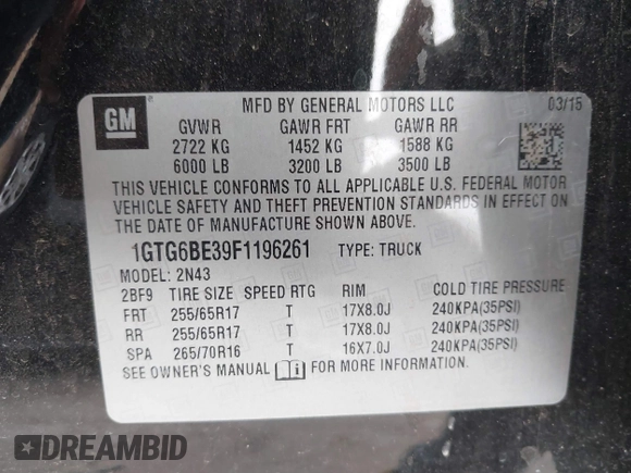 2015 GMC Canyon 4WD SLE with VIN 1GTG6BE39F1196261, listed as a IAAI auction lot 41703057 with 116,215 mi miles and . Bid and sale history available at carsss.com. Image 9.