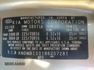 2008 Kia Sedona with VIN KNDMB133186257281, listed as a Copart auction lot 81604274 with 123,415 mi miles and Clean Title. Bid and sale history available at carsss.com. Image 13.