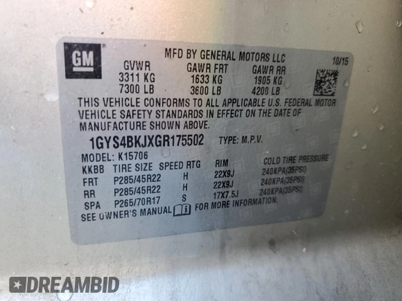 2016 Cadillac Escalade Luxury Collection z VIN 1GYS4BKJXGR175502, wystawiony jako Copart lot #50012785 z przebiegiem 204 862 mil mil oraz Szkody całkowita. Historia ofert i sprzedaży dostępna na DreamBid. Obrazek 13.
