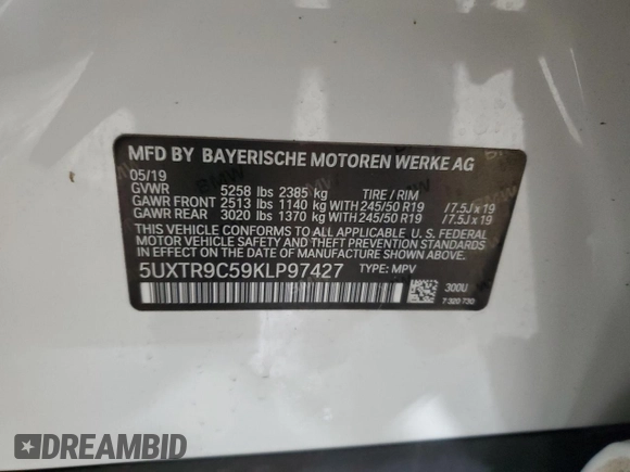 2019 BMW X3 xDrive30i with VIN 5UXTR9C59KLP97427, listed as a Copart auction lot 49722595 with 0 mi miles and Salvage Title. Bid and sale history available at carsss.com. Image 13.