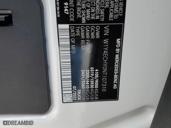 2022 Mercedes-Benz Sprinter Cargo Van with VIN W1Y4ECHY0NT107310, listed as a Copart auction lot 76189614 with 0 mi miles and Non Repairable. Bid and sale history available at carsss.com. Image 14.