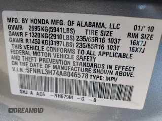2010 Honda Odyssey EX-L with VIN 5FNRL3H74AB046578, listed as a IAAI auction lot 42049213 with 218,457 mi miles. Bid and sale history available at carsss.com. Image 9.