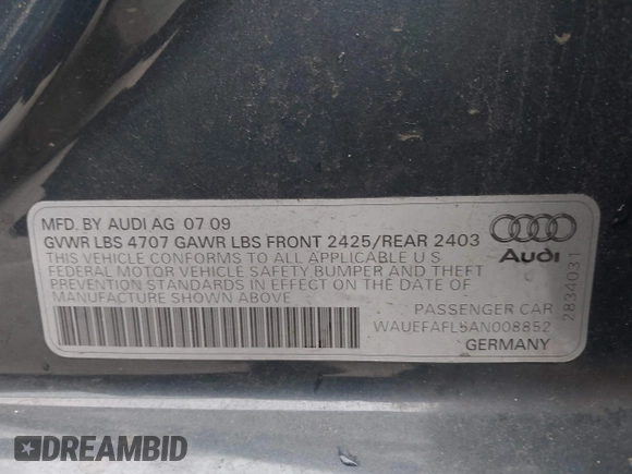 2010 Audi A4 Premium Plus z VIN WAUEFAFL5AN008852, wystawiony jako IAAI lot #41968853 z przebiegiem 119 526 mil mil oraz . Historia ofert i sprzedaży dostępna na DreamBid. Obrazek 9.