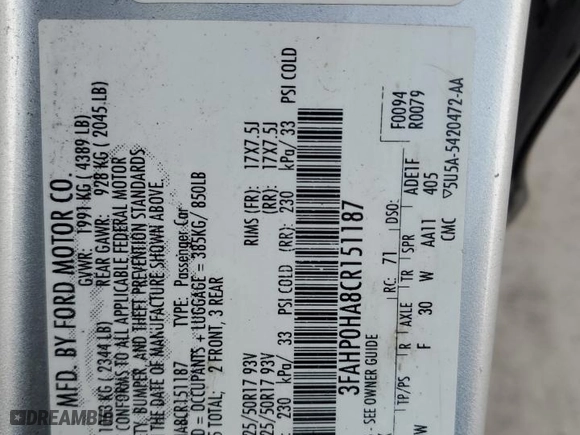 2012 Ford Fusion SE with VIN 3FAHP0HA8CR151187, listed as a Copart auction lot 49582565 with 192,904 mi miles and Salvage Title. Bid and sale history available at carsss.com. Image 12.