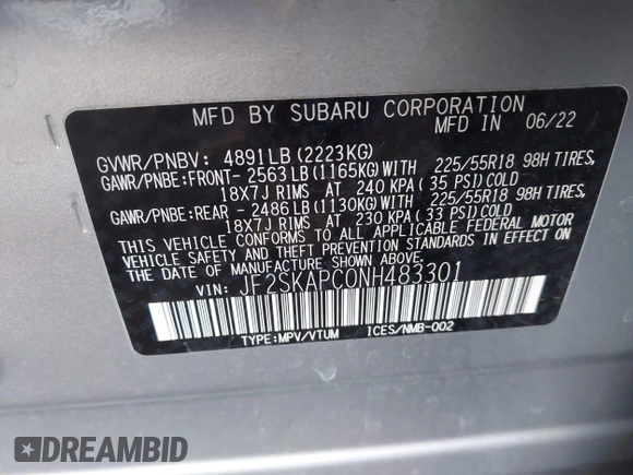 2022 Subaru Forester Limited with VIN JF2SKAPC0NH483301, listed as a IAAI auction lot 42463755 with 14,530 mi miles and . Bid and sale history available at DreamBid. Image 9.