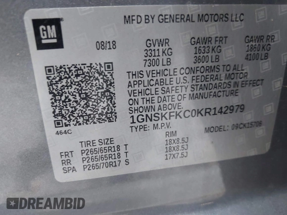 2019 Chevrolet Tahoe Commercial z VIN 1GNSKFKC0KR142979, wystawiony jako IAAI lot #41532380 z przebiegiem 143 423 mil mil oraz . Historia ofert i sprzedaży dostępna na DreamBid. Obrazek 9.