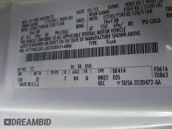 2013 Ford Econoline Cargo Commercial with VIN 1FTNE2EL6DDB01466, listed as a IAAI auction lot 41172240 with 173,124 mi miles and . Bid and sale history available at DreamBid. Image 9.