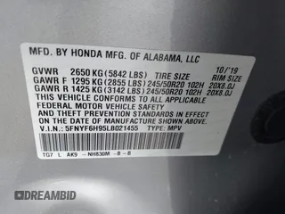2020 Honda Pilot Touring 8-Passenger with VIN 5FNYF6H95LB021455, listed as a IAAI auction lot 41187609 with 35,589 mi miles and . Bid and sale history available at DreamBid. Image 9.